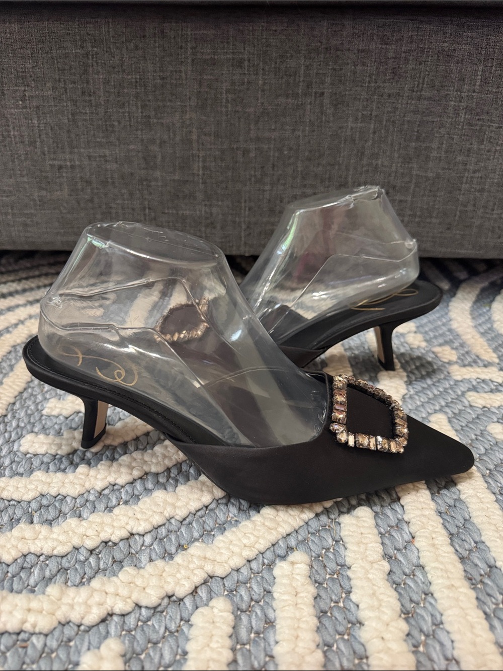 Sam Edelman Brit Jewel Mule Black Satin Rhinestone Buckle Heels Size 7M Like New